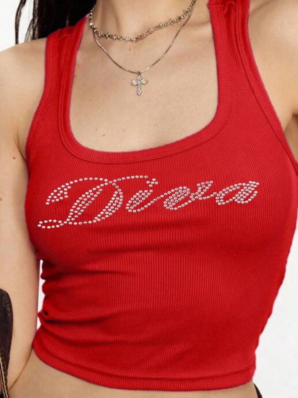 Y2K Women’s Red 'Diva' Rhinestone Racerback Ribbed Tank Top - Size Large